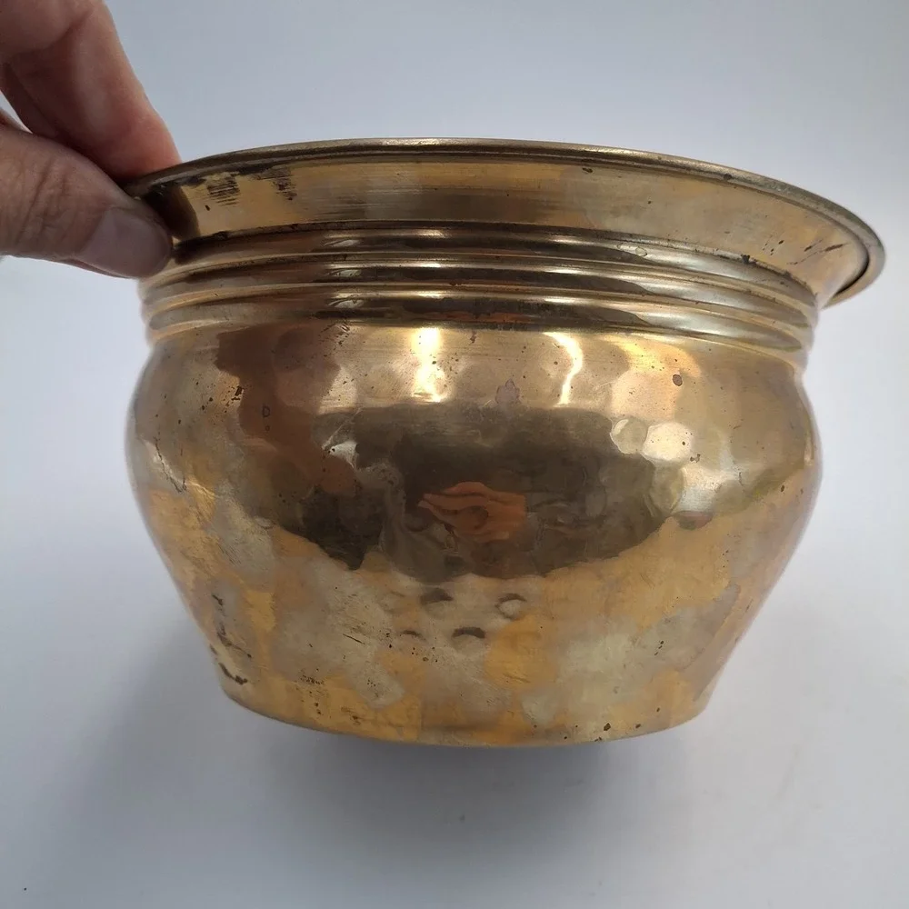 Vintage Hand Crafted Solid Brass Hammered Bowl Planter Pot India Decor 7